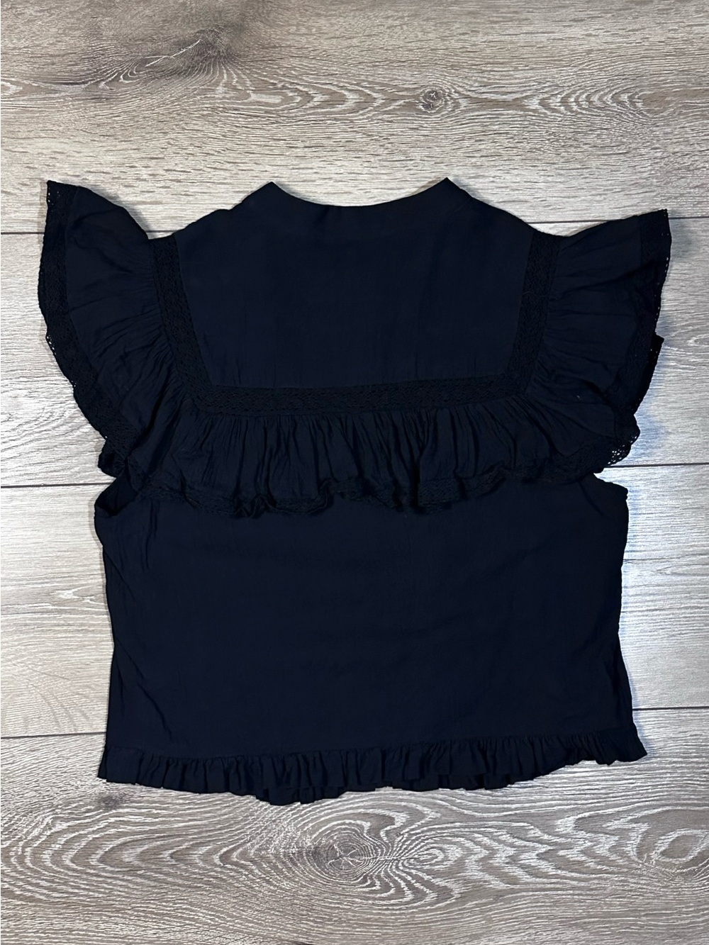 Day + Moon Button Up Flutter Sleeve Ruffle Whimsigoth Top Crochet Detailing - Picture 14 of 15